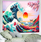 Delur Great Wave Tapestry Japanese Sunset Ocean Sea Wave Off Kanagawa Tapestry Wall Hanging Vintage Asian Anime Cherry Blossom Nature Headboard for Bedroom Living Room Home Decor (59.1" x 78.7")