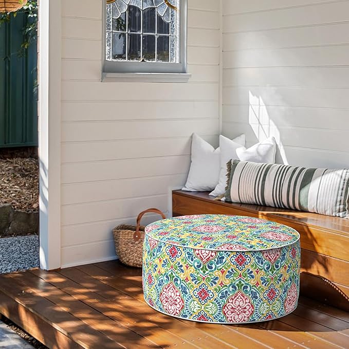 Inflatable Ottoman Stool D31 xH14 for Outdoor/Indoor Use, Water Repellent Patio Foot Rest Stool with Portable Handle,Round Pouf Ottoman Suitable for Garden,Deck and Camping - Damask Red