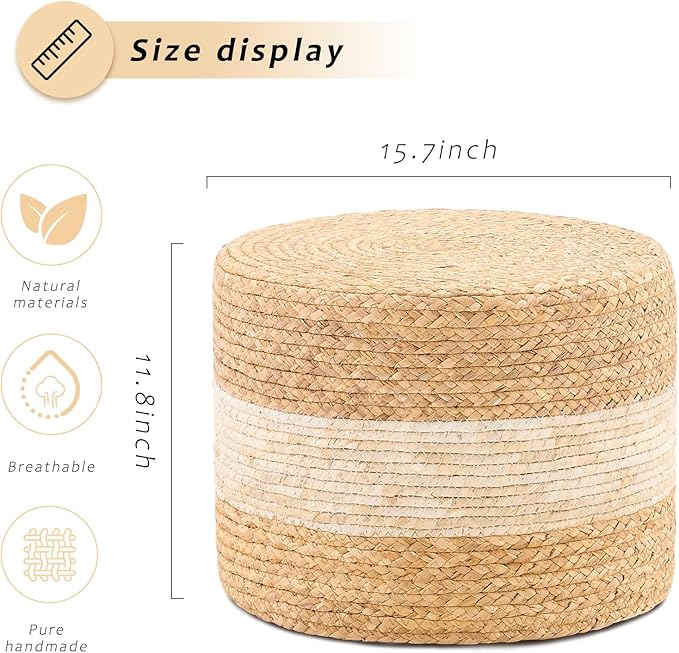 Handwoven Water Hyacinth Ottoman Pouf, Round Outdoor Footstool with Sturdy Frame, No Assembly Needed, Boho Accent Stool for Indoor & Outdoor Use – Patio, Balcony, Living Room (White)