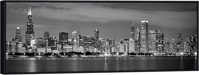 Wieco Art Framed Wall Art Chicago City Center Skyline Black and White Wall Decor Canvas Prints Modern Cityscape Wall Decorations for Living Room Pictures for Bedroom Decorations