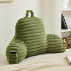 Faux Fur Fluffy Sage Reading Pillow with Pockets, Luxury Striped Plush Decorative, Arm Rests and Back Surport for Bed Rest, Lounging on sofa, Large