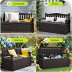 Greesum 80 Gallon Outdoor Storage Bench, Resin Patio Furniture with Armrest,Waterproof and UV-Resistant, Perfect to Garden, Poolside and Lawn, Dark Brown