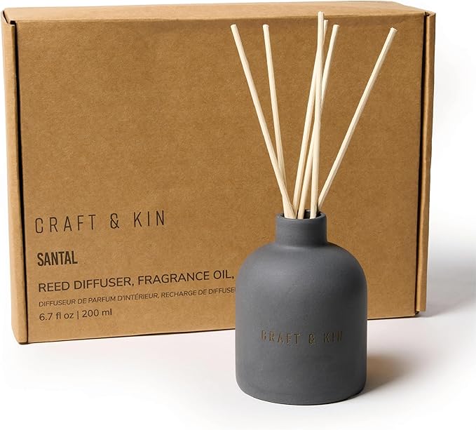 Craft & Kin Reed Diffuser for Home & Bathroom – Santal Woods Reed Diffuser Set with Fragrance Sticks, Long-Lasting Alcohol-Free Scent, Fall Earthenware Collection, 6.7oz