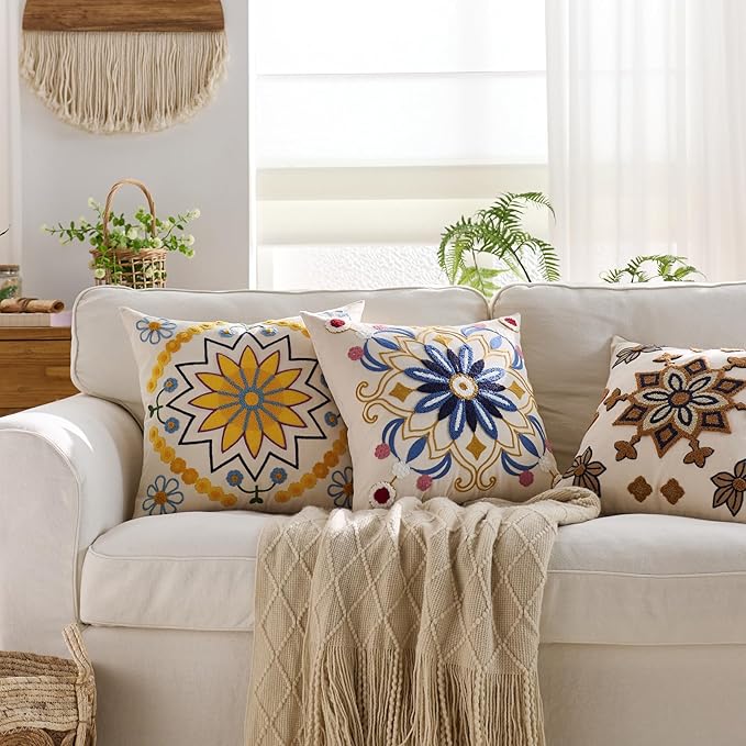 Embroidered Throw Pillow Cover 22x22 Classic Boho Floral Pattern Pillows Cover Outdoor Decorative Pillowcase,Durable Cozy Textured Cushion Case for Sofa Couch Bed Living Room,Yellow