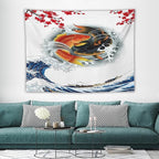 Houselerax Koi Fish Tapestry, Japanese Style Yin Yang Big Wave Cherry Blossoms Tapestries Wall Hanging for Bedroom Living Room Office Decor 80"x60"