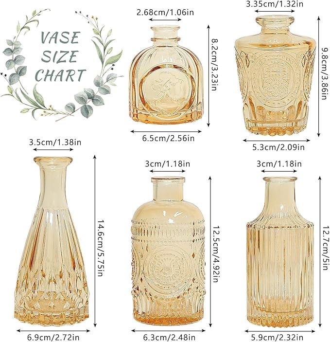 Glass Bud Vase Set of 5, Gold Amber Small Flower Vases for Centerpieces in Bulk, Mini Vintage Vase for Rustic Wedding, Home,Table Decoration