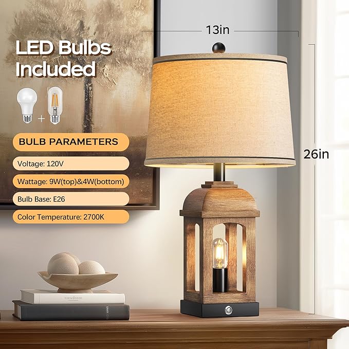 QiMH Table Lamp for Living Room, Farmhouse Lamps with USB A+C and Nightlight, 26" Rustic Bedside Lamps with 3-Way Dimmable Touch Control, Nightstand Lamp for Bedroom, Wood Grain, 1 Pack