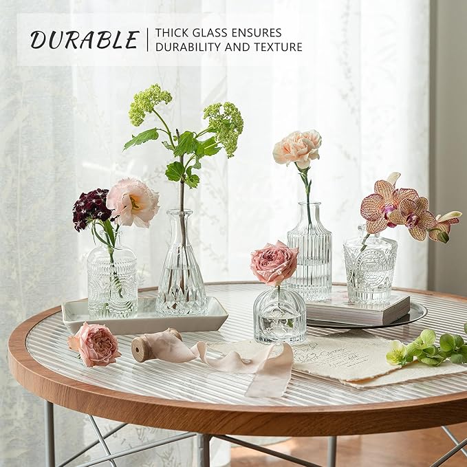 Glass Bud Vase Set of 5, Clear Small Flower Vases for Centerpieces in Bulk, Mini Vintage Vase for Rustic Wedding, Home,Table