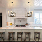6-Light Modern Farmhouse Pendant Lights for Kitchen Island, Vintage Geometric Dining Room Lighting Hanging, Industrial Chandelier for Hallway Foyer, Retro Wood Texture and Black Finish