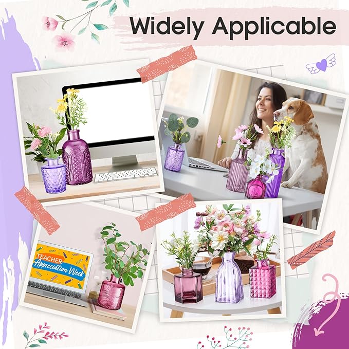 Yaomiao 30 Pcs Vases Bulk Colored Flower Glass Vases Bud Vintage Colored Glass Bottles Colorful Rustic Embossed for Home Wedding Table Decorations Gifts(Purple Series)