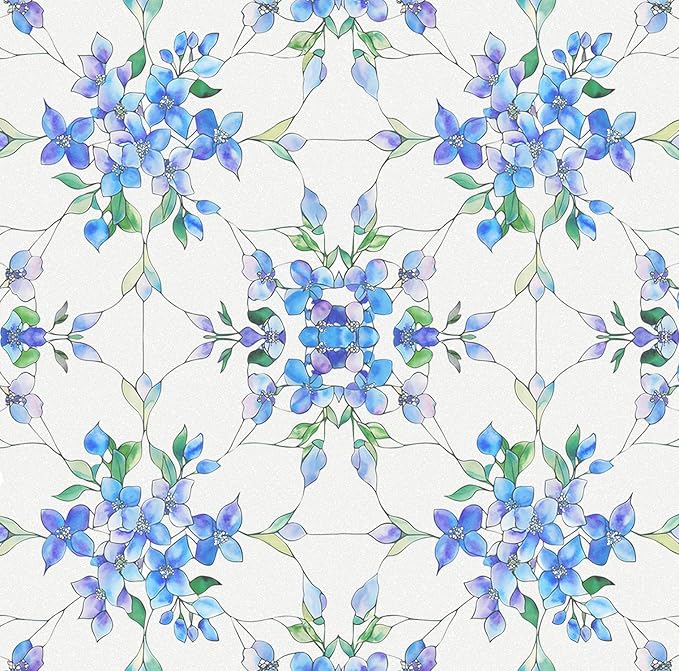 Window Privacy Film Stained Glass Decorative Window Tint for Home Room Decor Static Cling Frosted Window Film Blackout Bathroom Bedroom Car Renter Friendly (Blue&Purple Hydrangea Flower)