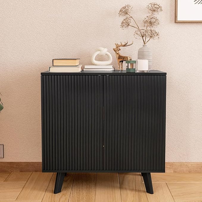 Modern Sideboard Buffet Cabinet Console Table, Accent Storage Cabinet with Fluted Doors for Kitchen Dining Living Room Entryway (Black)