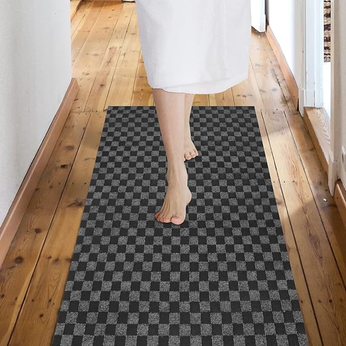 Custom Size Backed Non-Slip Area Rugs Runner, Easy Clean, Waterproof Runner Rugs for Hallway Entryway, Kitchen, Laundry, 4FT x 69FT, Gray Checkered