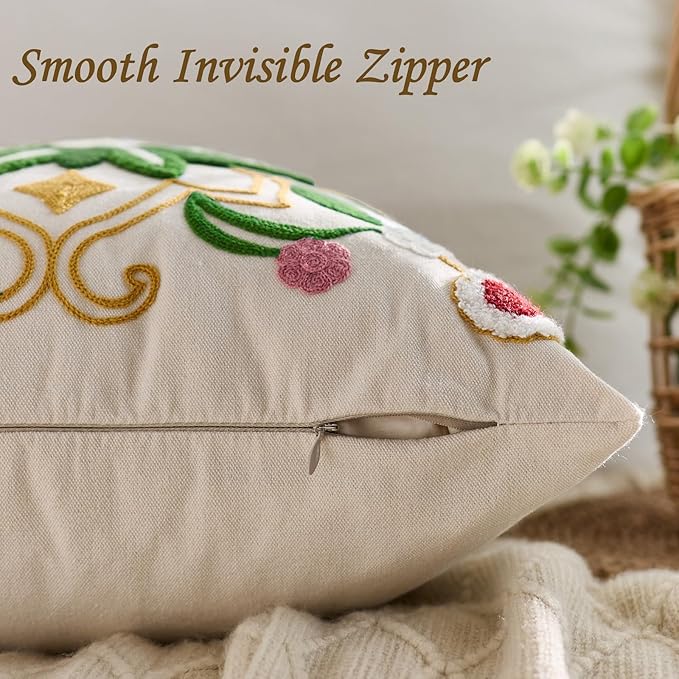 Embroidered Throw Pillow Cover 18x18 Classic Boho Floral Pattern Pillows Cover Outdoor Decorative Pillowcase,Durable Cozy Textured Cushion Case for Sofa Couch Bed Living Room,Green Yellow