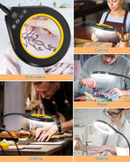 Flexible Gooseneck 2-in-1 Magnifying Glass with Light and Stand,10x & 5x Real Glass Lens Magnifying Lamp, 5 Color Stepless Hands-Free LED Desk Lamp with Clamp for Painting, Crafts, Reading (Yellow)