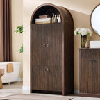 71" Tall Arched Bathroom Storage Cabinet, Modern Fluted Storage Cabinet w/Doors, 3 Adjustable Shelves, 6 Door Shelves, Wood Freestanding Cabinet for Bathroom, Entryway, Hallway, Brown