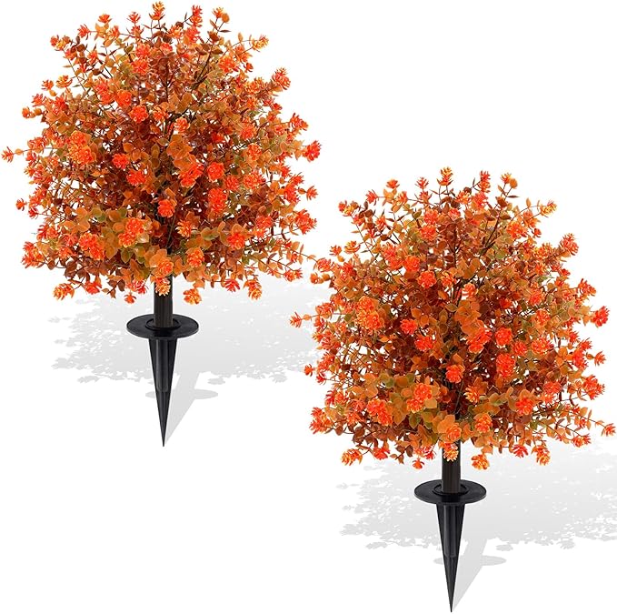 Artificial Topiary Ball Trees with Ground Spikes UV Resistant Faux Greenery Shrubs Fake Shrubs for Outdoors, Realistic Faux Plants Bushes for Garden Porch Yard Patio Decor (Orange Eucalypt)