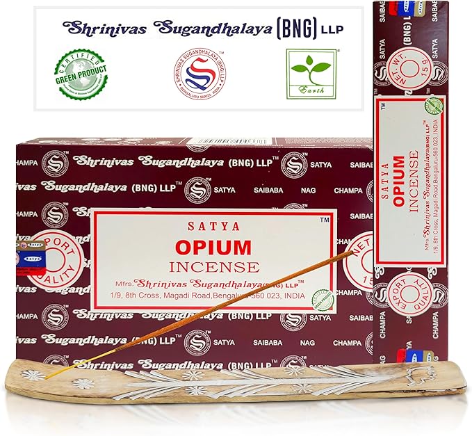 Satya Opium Incense Sticks, Satya Bng (Bangalore) Insenses 15gmx12 Pack with Raajsee Incense Holder Bundle, Satya Nagchampa Natural Incense