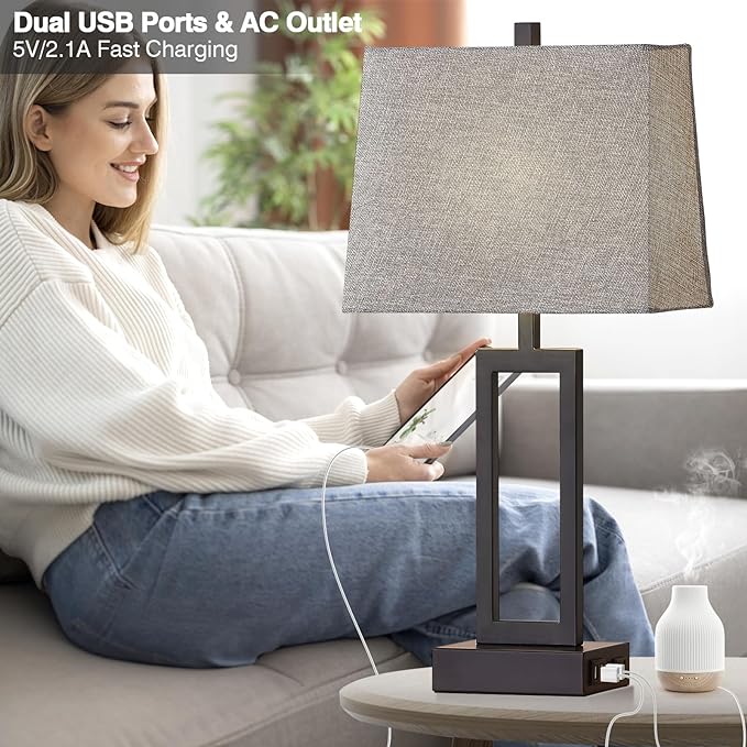 23.5" Touch Control Table Lamps Set of 2, Bedside Lamp with 2 USB Charging Ports & AC Outlet, 3-Way Dimmable Modern Nightstand Lamp for Living Room Bedroom End Table Office(2700K 2 LED Bulbs Included)