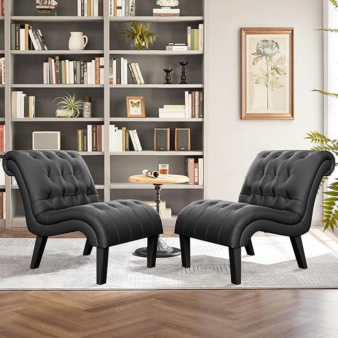 Yongqiang Black Faux Leather Accent Chair Modern Button Tufted Upholstered Armless Chair for Bedroom Living Room with Wood Legs