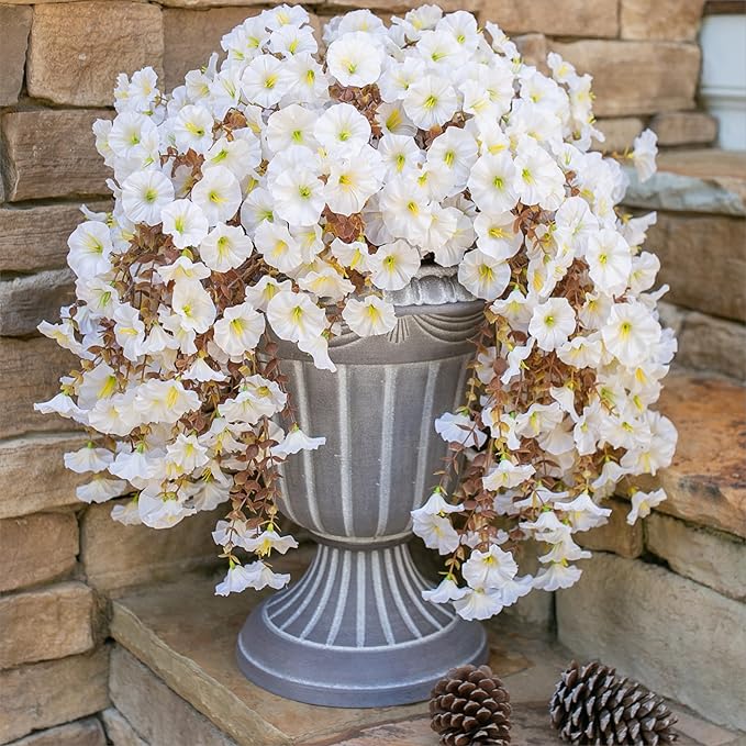 Ivydale 2 PCS Artificial Fall Hanging Flowers Fake Petunias Outdoor, Silk Faux Morning Glory Flowers with Eucalyptus Leaves,UV Resistant Realistic Mums Plants Vines for Home Garden Decor (White)