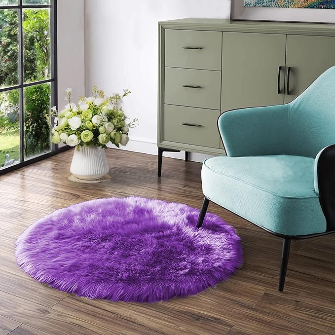 Latepis Purple Round Rug 3ft Circle Rugs for Bedroom Fluffy Rugs for Living Room Machine Washable Area Faux Fur Plush Rug Room Decor