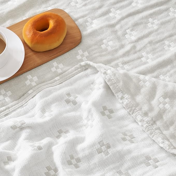 jinchan Boho 100% Cotton Blanket Muslin 50x60 Inches Lightweight 3-Layer Geometric Cross Pattern Reversible Quilt Throw Soft Breathable Comfy All Seasons for Couch Bed Decor, Light Grey