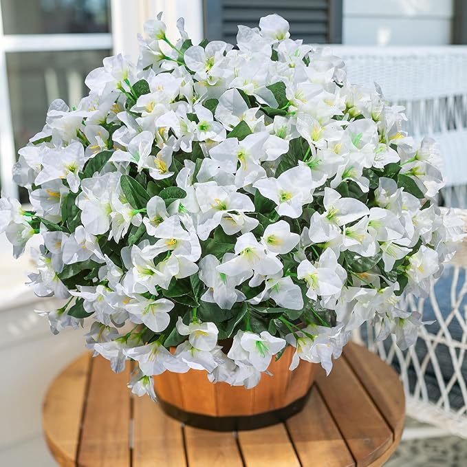 Ivydale Artificial Flowers for Outdoors, 4 Bundles Fake Bougainvillea Flower UV Resistant Silk Flowers for Outside, Outdoor Faux Plants for Planter Patio Porch Window Garden Home Decoration (White)