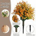 Artificial Monkey Grass Stem with Orange-Red Flowers, Set of 2 Faux Evergreen with Metal Spike, UV Resistant Realistic Faux Shrubs for Garden, Yard, Patio, Porch Outdoor Decor