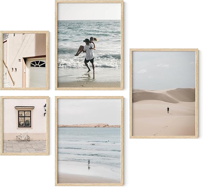 HAUS AND HUES Collage Frames For Wall - Set of 5 Photo Gallery Frames, Picture Frames Collage Wall Decor, Assorted Photo Frame Set, Stair Picture Frame Set Wood, (Two 8x10, Three 12x16 Beige)