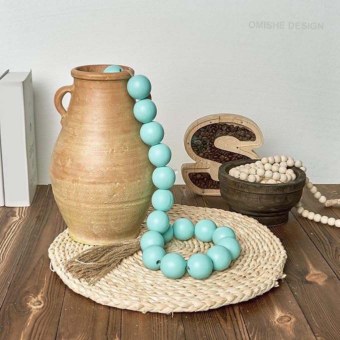 OMISHE Extra Large Wood Bead Garland Aqua Teal with 1.6" Diameter Wooden Beads and Tassels, 41" Long Rustic Farmhouse Country Decorative Beads for Home Decor, Aqua Teal