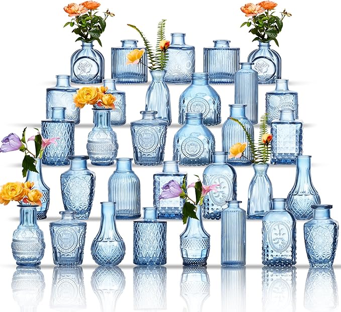 Glass Bud Vases Set of 32 - Blue Assorted Small Mini Glass Vases for Flowers, Crystal Vintage Vase Set, Bulk Centerpieces for Table Décor, Wedding, Home and Events (Blue, 32 Pcs)