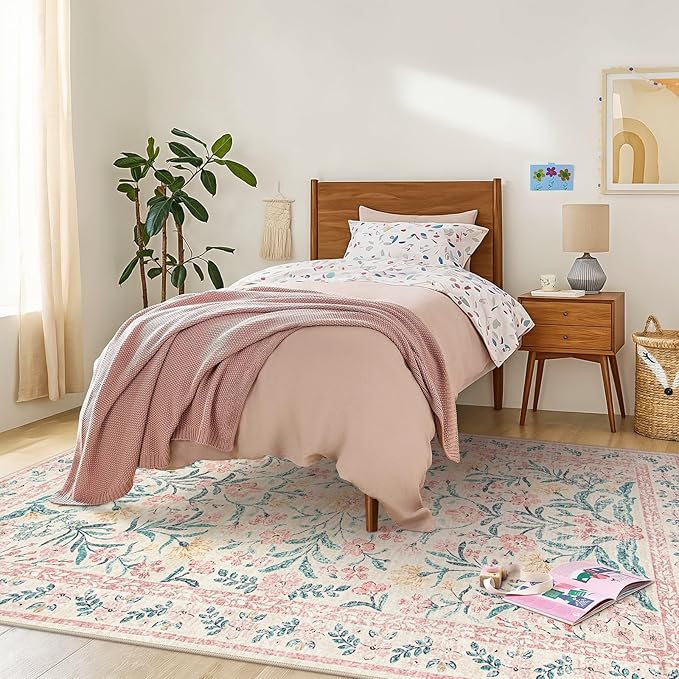 Wonnitar 8 x 10 Area Rugs for Living Room, Boho Large Washable Bedroom Rug 8x10, Soft Pink Floral Carpet Non Slip, Low Pile Indoor Carpet for Girls Room Playroom Nursery