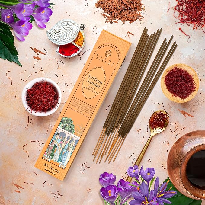 Incense Sticks, Saffron Sandal Incense, Made with Natural Ingredients, Hand Rolled Aromatic Masala, 40 Stick Pack, 45-60 Minute Burn Time, Best for Home Fragrance, Meditation, Yoga, Spiritual Healing