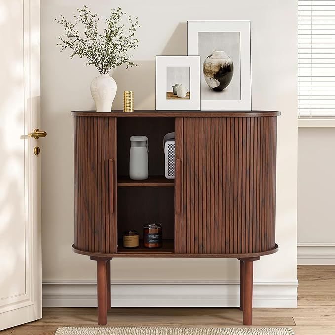 31'' Fluted Sideboard Buffer Cabinet, Modern Credenza Storage Cabinet with Slide Doors, Bar Cabinet Console Table for Living Dining Room Kitchen Hallway Entryway, Walnut