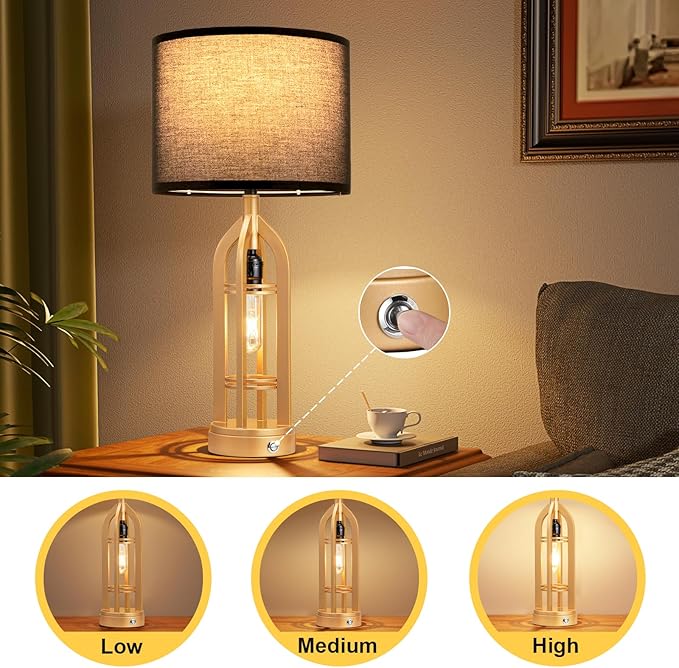 Seealle Table Lamps for Living Room Set of 2 - Gold Bedside Lamp for Bedroom with USB C+A & Outlet, Farmhouse Lamps for Night Stands, 3-Way Dimmable Touch Lamps for Living Room with Black Shade