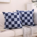 Alysheer Checkered Embroidered Decorative Throw Pillow Covers 18"x 18" Set of 2, Classic Chic Navy Blue Plaid Tufted Patterned Cotton Canvas Cushion Case for Sofa Couch Bed Living Room
