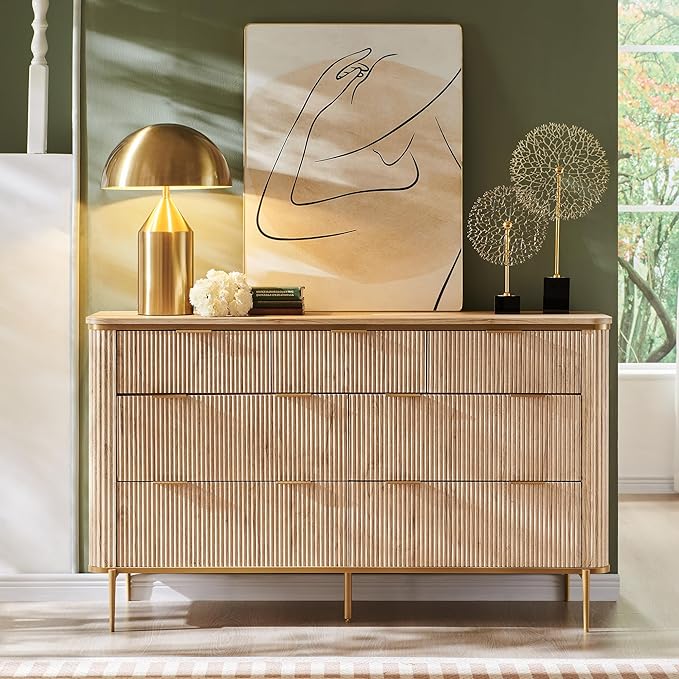 T4TREAM 7-Drawer Dresser Fluted Design, with Gold Accents (Natural Oak)