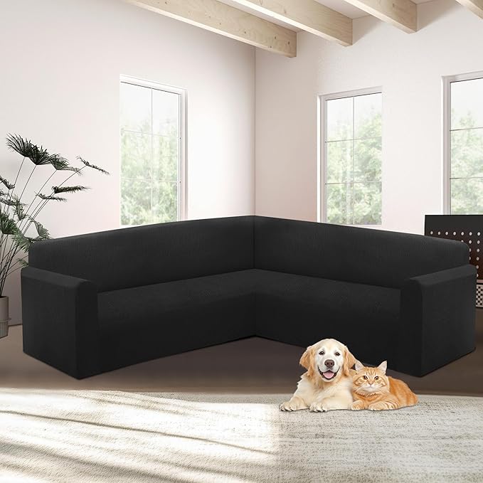 HDCAXKJ Sectional Couch Cover L Shape Stretch Sofa Covers Washable Jacquard Corner Couch Slipcover Non Slip Sectional Slip Cover U Shaped Furniture Protector for Pets Dogs (Black, Large)