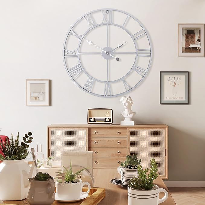 1st owned Large Wall Clock Metal Retro Roman Numeral Clock, Modern Round Wall Clocks Almost Silent, Easy to Read for Living Room/Home/Kitchen/Bedroom/Office/School Decor (Silver, 32 Inch)