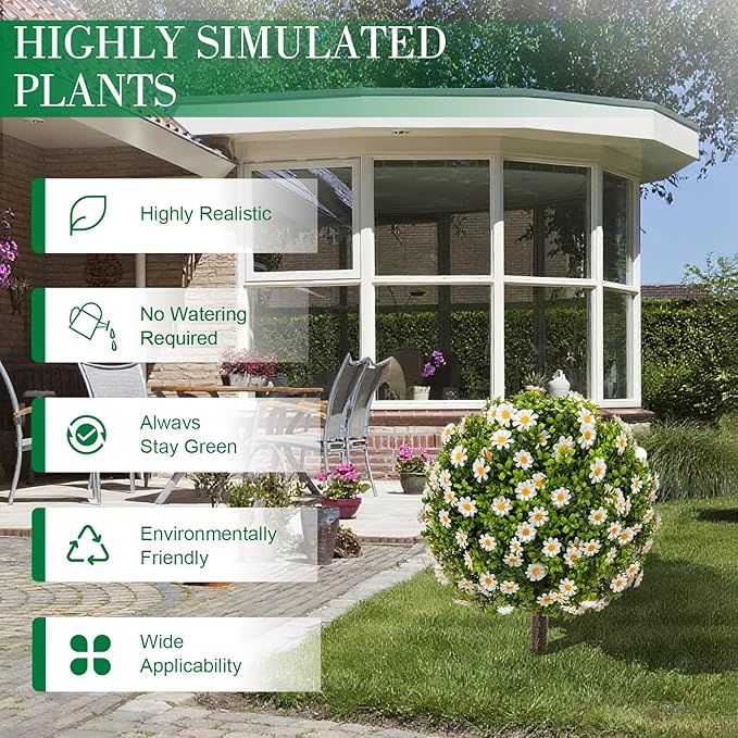 25" Artificial Boxwood Topiary Ball Trees with Daisy Flowers, Set of 2 UV Resistant No Fade Outdoor Faux Plants with Ground Spike, Fake Shrubs for Garden, Patio, Porch, Yard, Indoor Decor