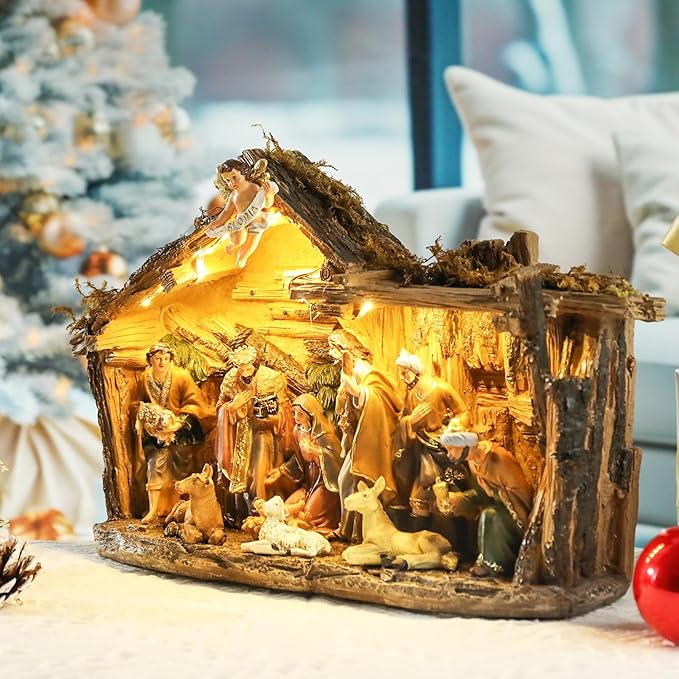Taman Nativity Set with LED Light - Resin Figurines Tabletop Nativity Scenes Xmas Gifts Collectibles for Christmas Holiday Decorations
