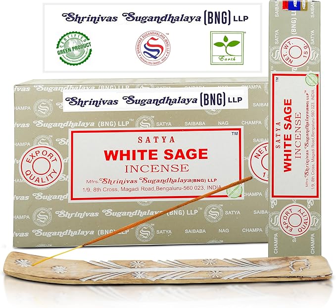 Satya Nag Champa White Sage Incense Sticks, SatyaBng (Bangalore) Insenses 15gmx12 Pack with Raajsee Insence Holder Bundle, Nag Champa Natural Incense