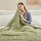 Chunky Knit Throw Blanket, 60''*80'' Knitted Throw Chenille Yarn for Bed Couch, Handmade Light Green Crochet Big Thick Blanket, Machine Washable Cute Comfy Blanket for Home Decor
