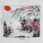 Cherry Blossoms Tapestry,Japanese Red Landscape Asian Watercolor Abstract Art Tapestry, Asian Japanese Wall Tapestry, Nature Landscape Tapestries for Bedroom Living Room Decor 60"x50"