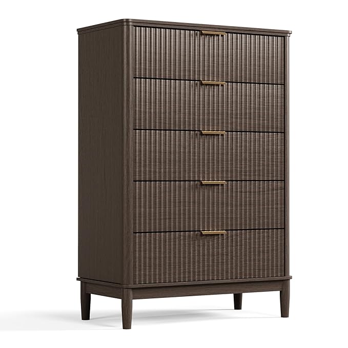 LINSY HOME Fluted Dresser for Bedroom with 5 Drawers, 46" Tall Mid Century Modern Dressers, Wide Boho Chest of Drawer, Large Wood Accent Storage Cabinet for Living Room, Curved Profile Design, Walnut