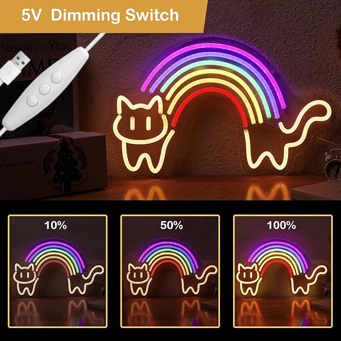 Rainbow Cat Neon Sign Cute Cat Neon Signs for Wall Decor Rainbow Neon Light Sign USB Powered Neon Light for Bedroom Kid Room Pet Shop Game Room Cat Lovers Pride Gifts