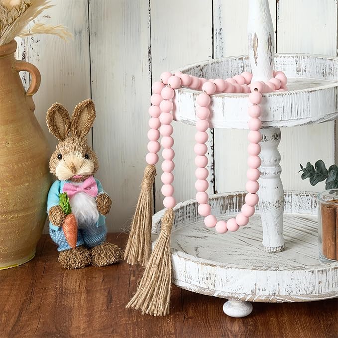OMISHE 59in Wood Bead Garland with Tassels, Decorative Beads Decor, Farmhouse Wooden Beads Garland for Wall Hanging Home Festival Decor, Pink
