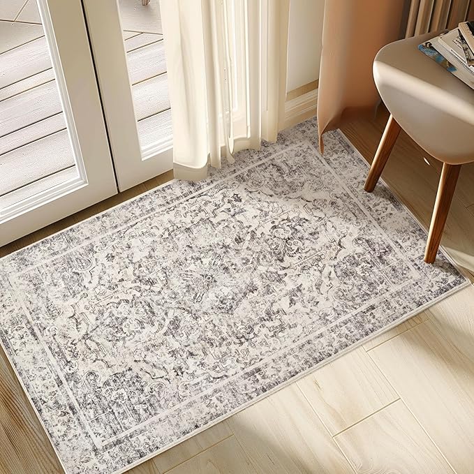 Topllen Entryway Rug - 2'x3' Boho Soft Low Pile Washable Area Rug, Non-Slip Small Rugs Indoor for Front Door Entrance Kitchen Bathroom, Vintage Carpet Stain Resistance (Black, 2x3ft)