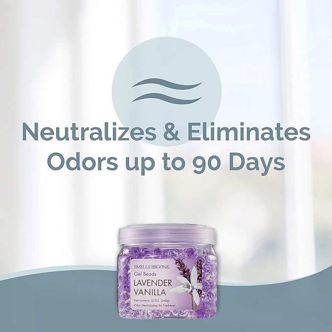 SMELLS BEGONE Odor Eliminator Gel Beads - 12 oz, Pack of 6 - Eliminates Odor in Bathrooms, Cars, Boats, RVs & Pet Areas - Air Freshener - Made with Essential Oils - Lavender Vanilla Scent